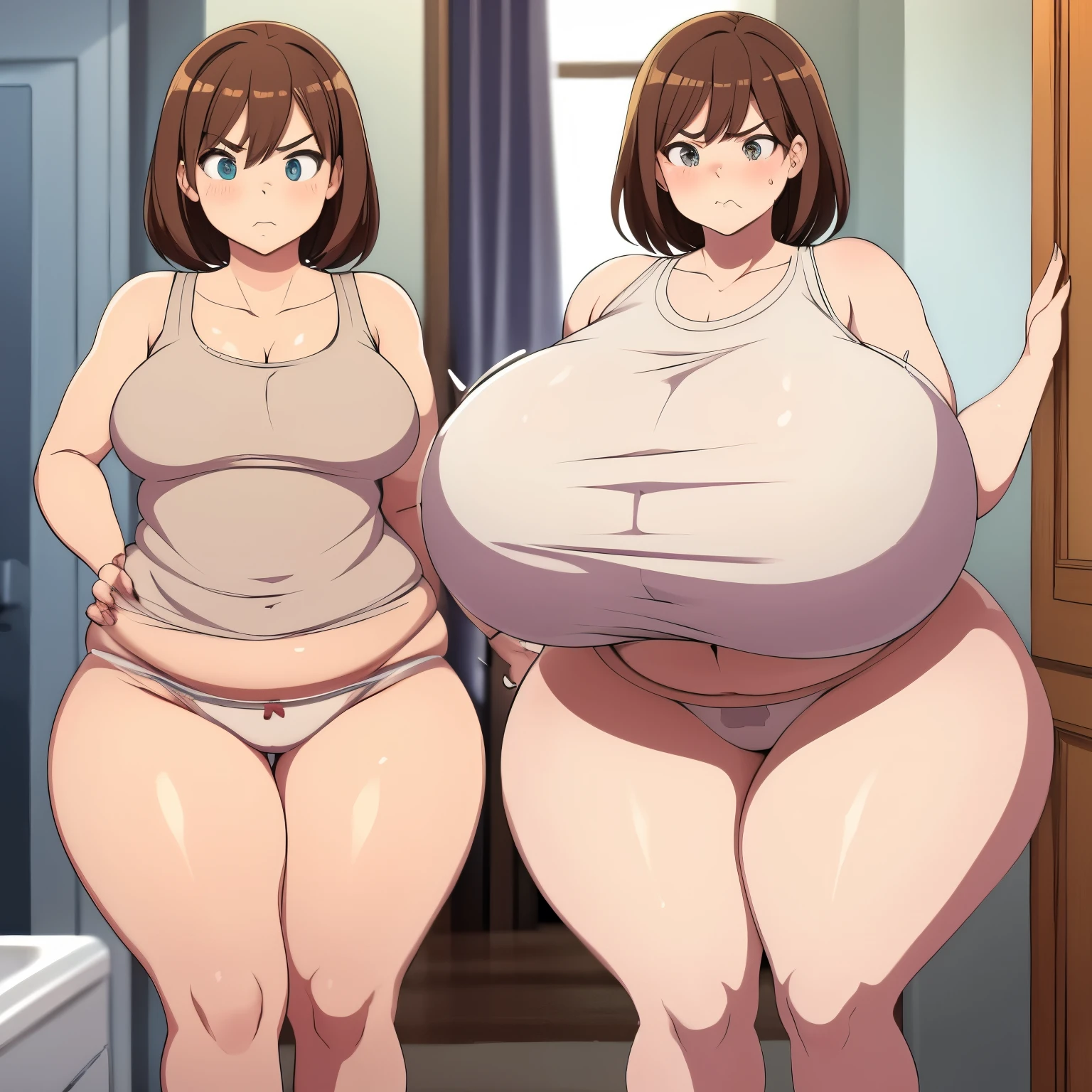 1milf, pear shaped, pear shape figure, bottom heavy, wide hips, incredibly wide hips, thick thighs, incredibly thick thighs, plump, incredibly plump, in bath, pout, annoyed, tank top, panties, wide, hyper