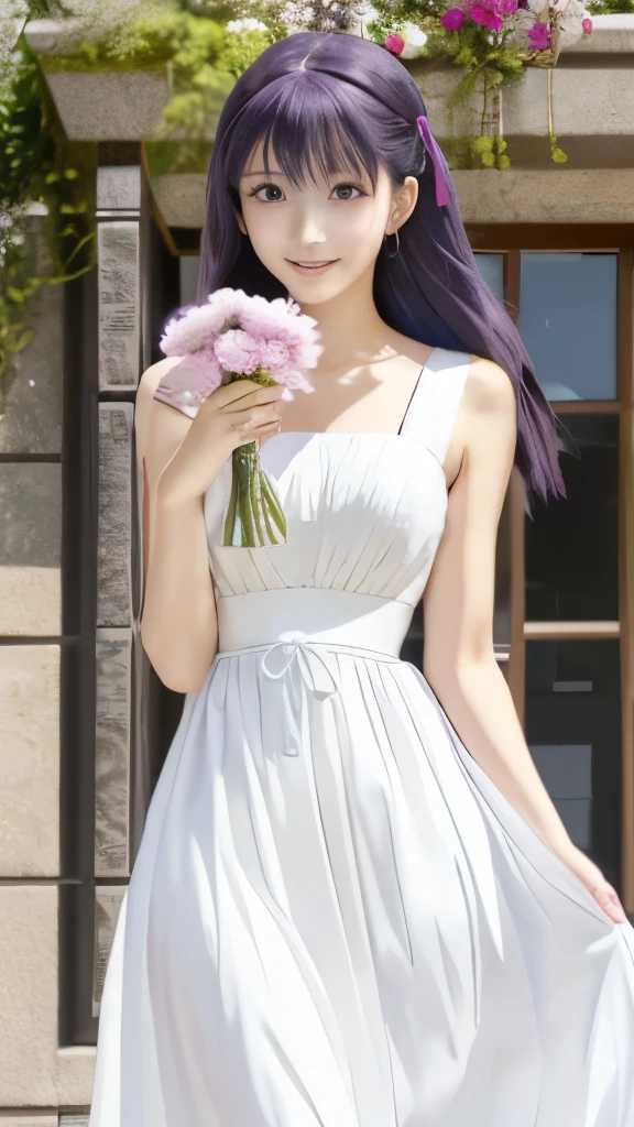 anime girl in white dress holding a bouquet of flowers in front of a building, romanticism lain, misato katsuragi, portrait of lain iwakura, hinata hyuga, anime visual of a cute girl, anime visual of a young woman, purple eyes and white dress, daytime ethereal anime, mayuri shiina from steins gate