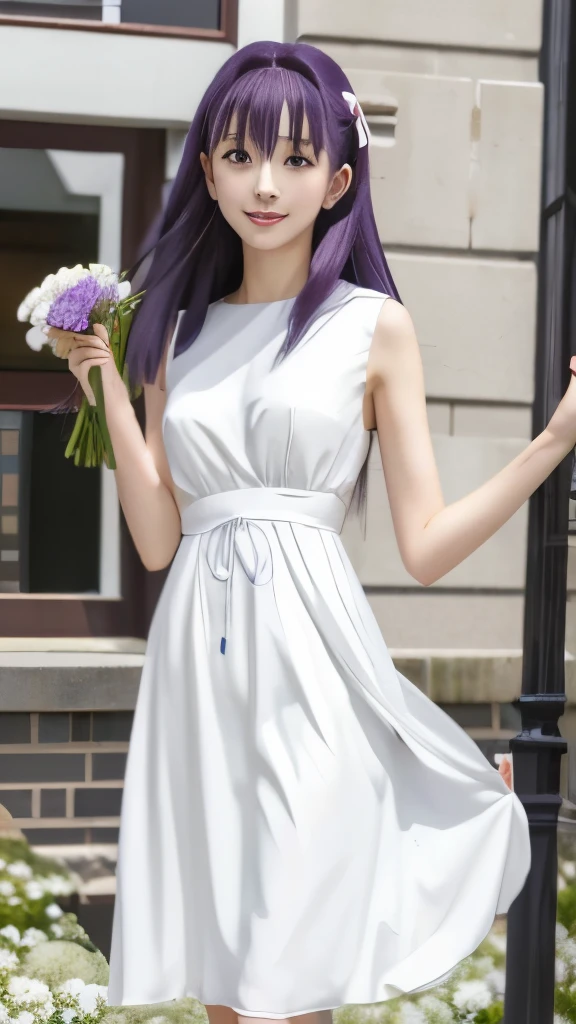 anime girl in white dress holding a bouquet of flowers in front of a building, romanticism lain, misato katsuragi, portrait of lain iwakura, hinata hyuga, anime visual of a cute girl, anime visual of a young woman, purple eyes and white dress, daytime ethereal anime, mayuri shiina from steins gate
