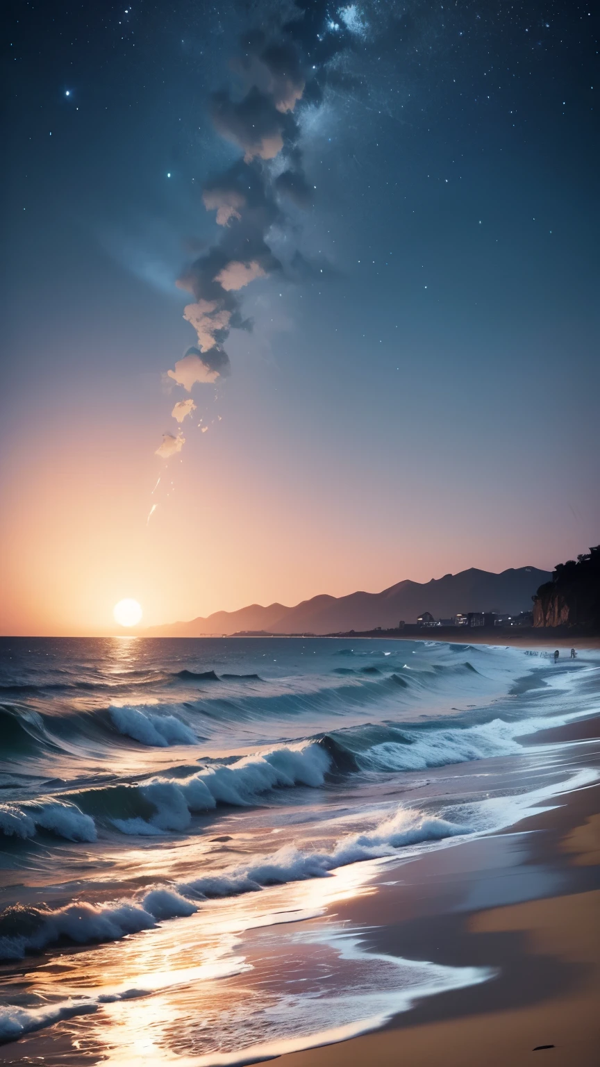 praia calma a noite com nuvens e lua cheia ceu estrelado
