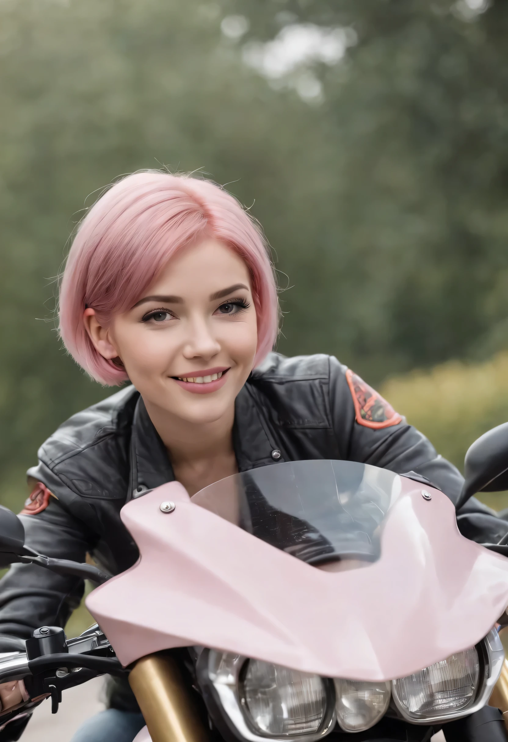smiling Girl short pink hair, riding a sports motorcycle,filmposter