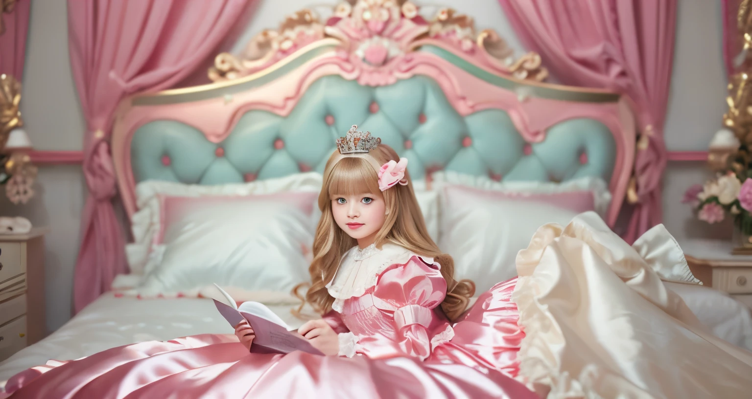 ,highest quality, masterpiece, highest resolution, artwork, super それにget used to it, many get used to it, get used to it, それにget used to it, 3K realistic photos,,(( When I was 10 years old)),Super detailed baby face,She is a princess,Full length ball gown dress with hoop skirt,ruffle yoke collar,puff sleeves,long sleeve,((Lolita style hot pink detailed princess satin dress、Comes with lots of frills and ribbons。)),colorful rococo fashion,shiny satin dress,Soft and smooth fabric,luxury,long blonde hair,blue eyes,white skin european,pajamas,((inside the palace)),,,(( When I was 10 years old)),Super detailed baby face,Full length ball gown dress with hoop skirt,long skirt,ruffle yoke collar,puff sleeves,腰まで伸びるlong blonde hair,blue eyes,white skin european,pajamas,((inside the palace bedroom)),ピンクのシルクサテンのluxuryなcanopy bedの上,canopy bed,Luxurious curtains on both sides of the bed,many frilly pillows on the bed,super detailed background,Detailed bed,romantic atmosphere,little princess is lying on the bed,Read picture books,the dress is spread across the bed,soft pink silk satin comforter,Beautiful girl illustration,detailed beautiful face detailed hair,detailed human eye ,detailed mouth, arm details,detailed hand,detailed picture book