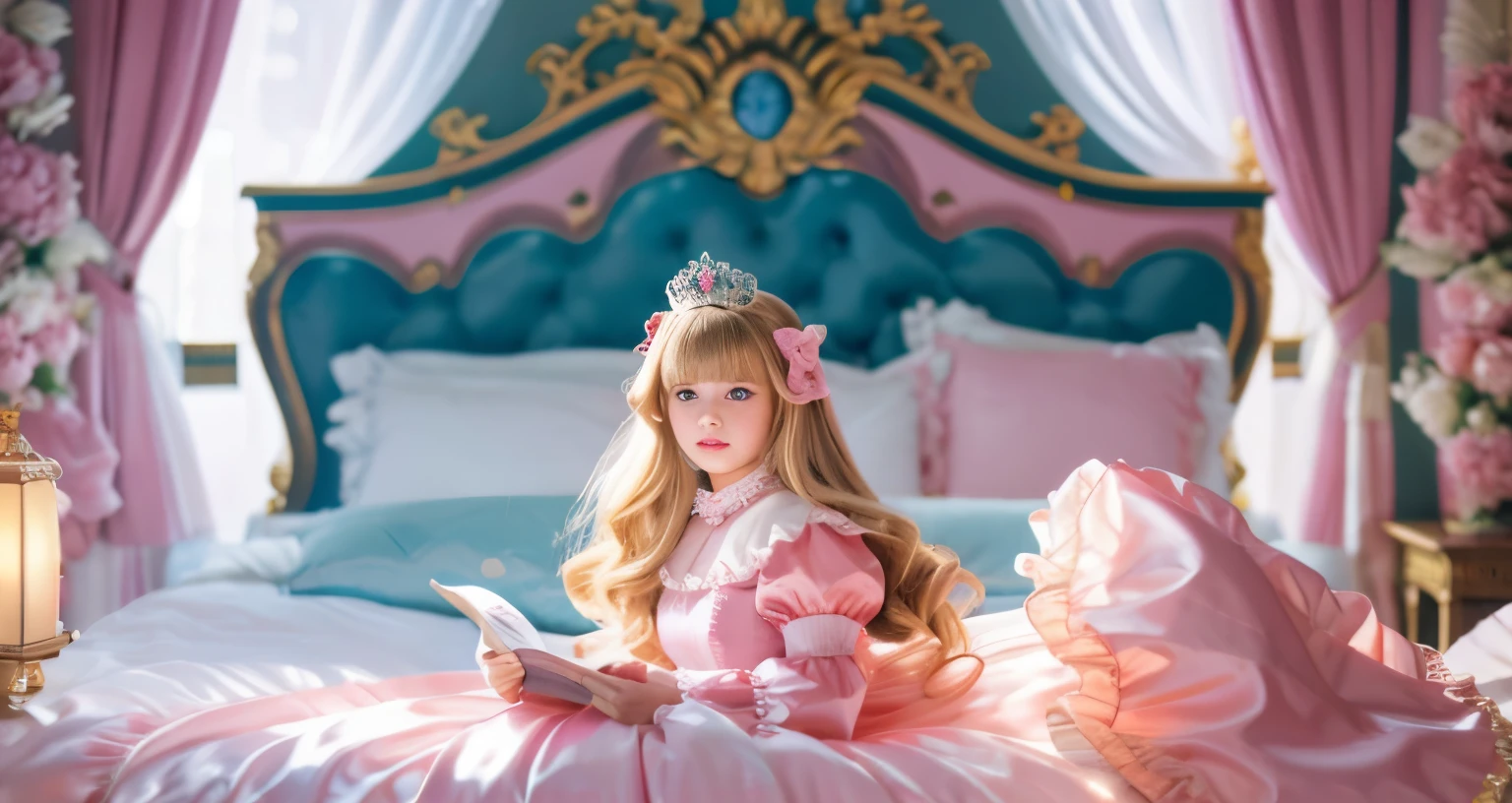 ,highest quality, masterpiece, highest resolution, artwork, super それにget used to it, many get used to it, get used to it, それにget used to it, 3K realistic photos,,(( When I was 10 years old)),Super detailed baby face,She is a princess,Full length ball gown dress with hoop skirt,ruffle yoke collar,puff sleeves,long sleeve,((Lolita style hot pink detailed princess satin dress、Comes with lots of frills and ribbons。)),colorful rococo fashion,shiny satin dress,Soft and smooth fabric,luxury,long blonde hair,blue eyes,white skin european,pajamas,((inside the palace)),,,(( When I was 10 years old)),Super detailed baby face,Full length ball gown dress with hoop skirt,long skirt,ruffle yoke collar,puff sleeves,腰まで伸びるlong blonde hair,blue eyes,white skin european,pajamas,((inside the palace bedroom)),ピンクのシルクサテンのluxuryなcanopy bedの上,canopy bed,Luxurious curtains on both sides of the bed,many frilly pillows on the bed,super detailed background,Detailed bed,romantic atmosphere,little princess is lying on the bed,Read picture books,the dress is spread across the bed,soft pink silk satin comforter,Beautiful girl illustration,detailed beautiful face detailed hair,detailed human eye ,detailed mouth, arm details,detailed hand,detailed picture book