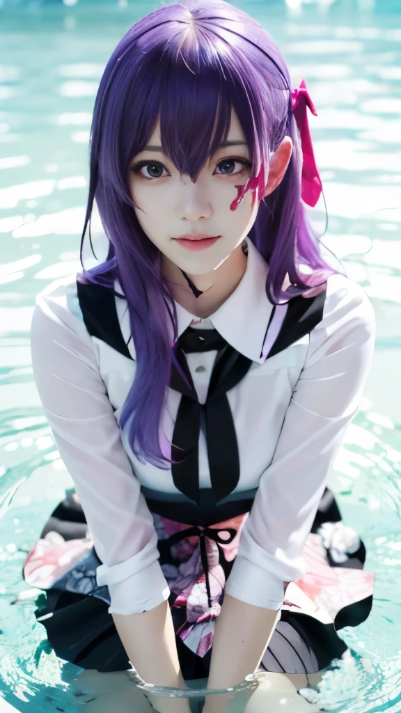 anime girl with purple hair and blue eyes in water with butterflies, gapmoe yandere, yandere, from touhou, by Jin Homura, gapmoe yandere grimdark, mirai nikki, anime moe artstyle, yandere. tall, touhou character, touhou, reisen udongein inaba, the anime girl is crouching