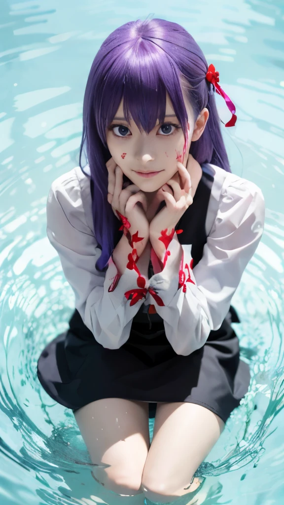 anime girl with purple hair and blue eyes in water with butterflies, gapmoe yandere, yandere, from touhou, by Jin Homura, gapmoe yandere grimdark, mirai nikki, anime moe artstyle, yandere. tall, touhou character, touhou, reisen udongein inaba, the anime girl is crouching