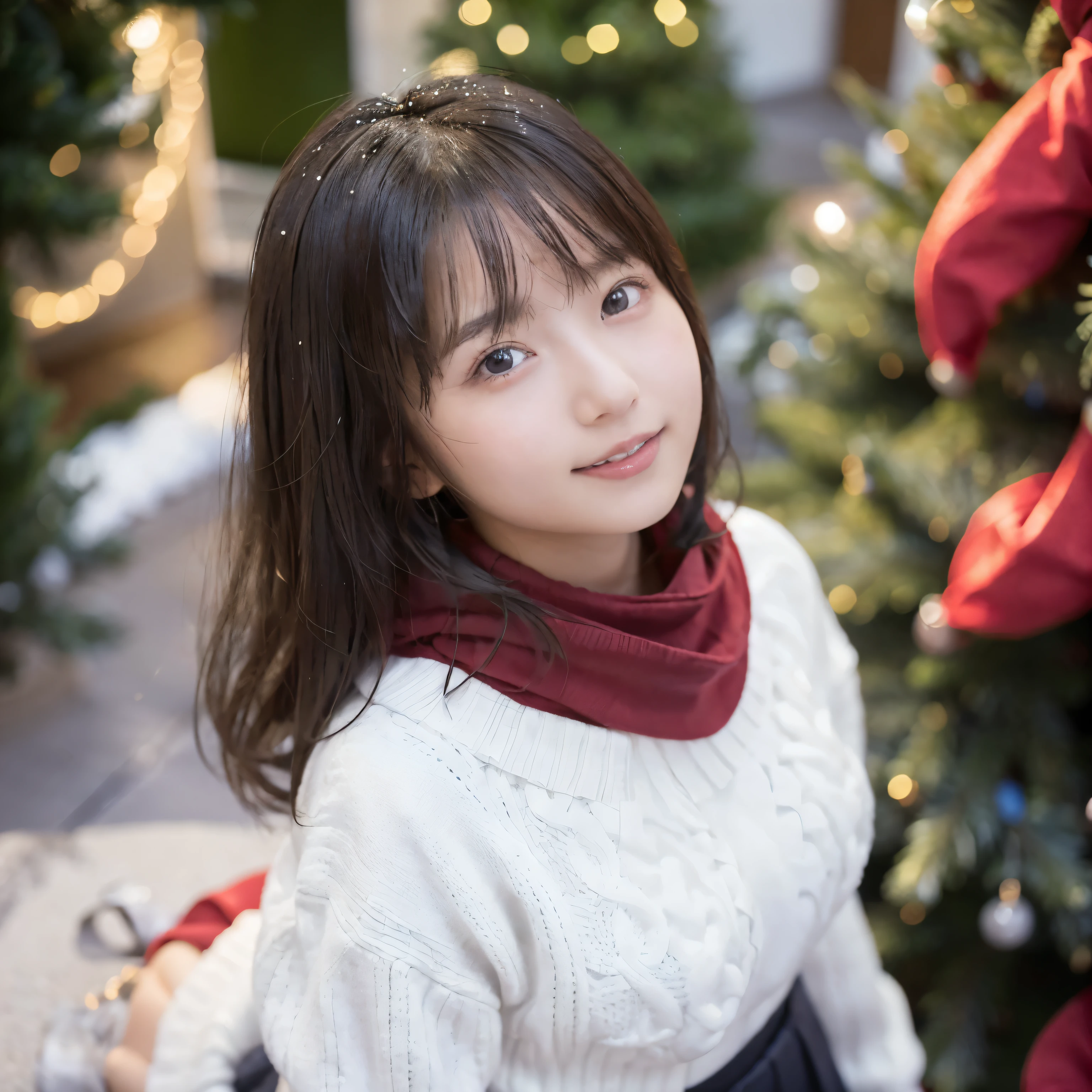 1 girl, 16 years old、Gravure model for Japan, (cute, beautiful girl,profile:1.2), Modest big, 𝓡𝓸𝓶𝓪𝓷𝓽𝓲𝓬,Beautiful Christmas night view and snow:1.2, (Looking up at the big Christmas tree:1.5)、A city of beautiful Christmas lights, (fluffy white wool sweater:1.2), red scarf, (red pleated skirt), black haired、Lost in thought with a happy expression、 highest quality, High resolution, fine skin, detailed face and eyes, High resolution, Natural light, perfect anatomy, Physically based rendering, realistic, symmetrical clear eyes, well-groomed face,teenage girl, perfect figure, Transparency, fiery idol pose,