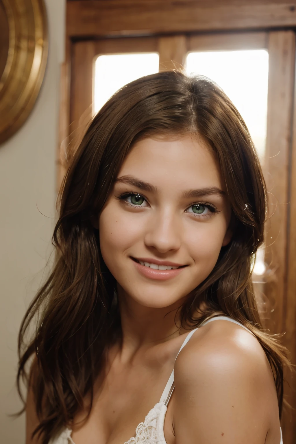 green eyes, light brown hair, braces, perfect face