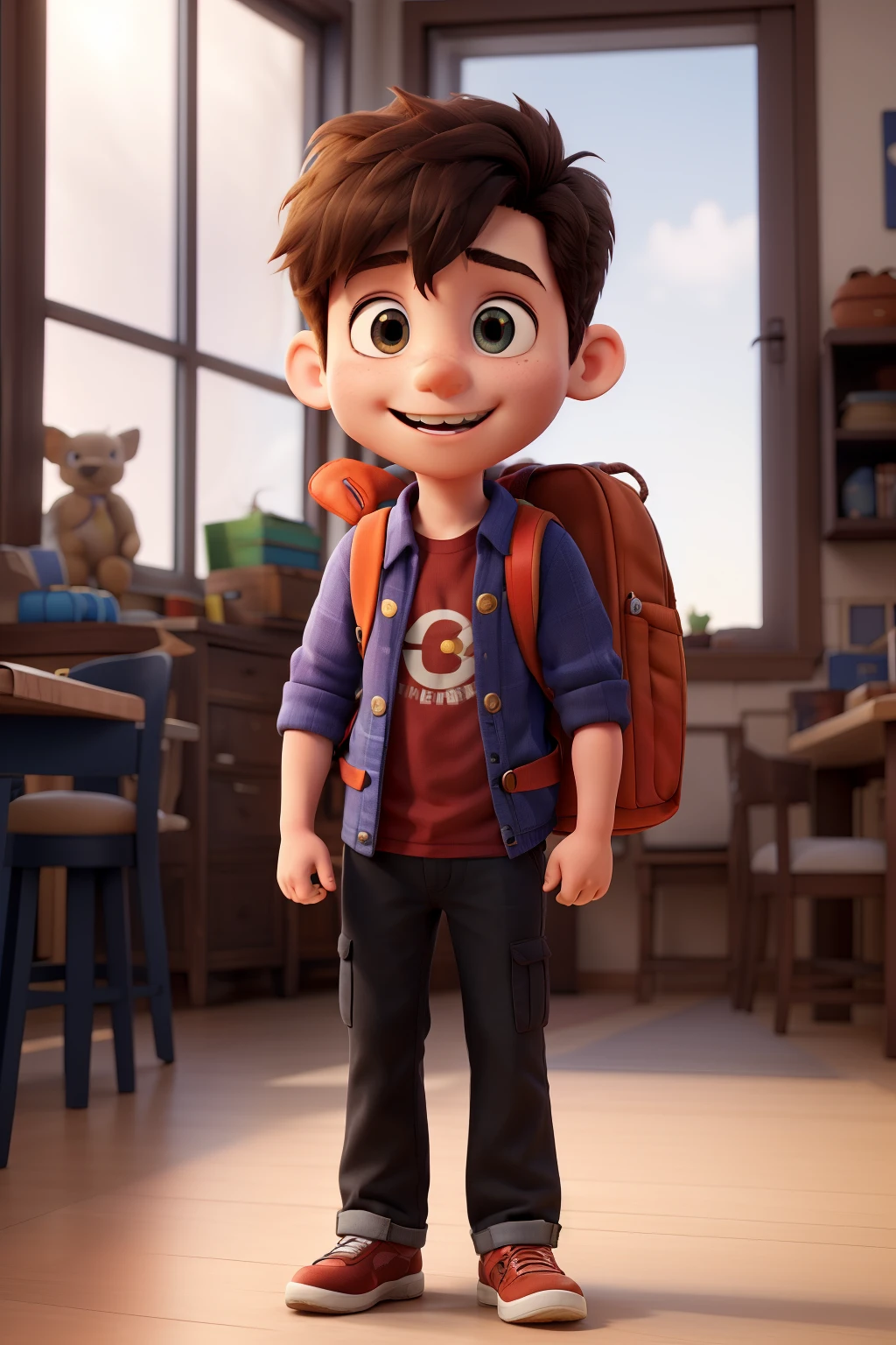 young boy 6 years old happy friendly, with backpack super hero