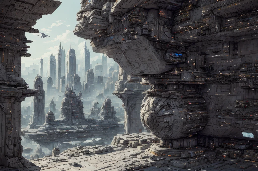 Incredible fantasy city, mega skyscrapers, flying cars, space elevator towers, Super Detail, trees, flowers, Many different buildings, spaceships in the sky, Ultra detail, many elements, blue and gold, yellow numbers on buildings, straight and smooth lines