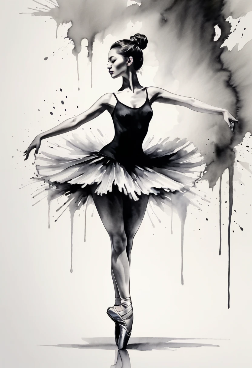 Show the expression and posture of tutu dancers through the contrast of ink shades.Simple black and white background.super detailed.woman in ballet position in ballet shoes.Black and white ink painting style,sexy painting, beautiful elegant face.Mysterious and elegant..Showing the fair and beautiful nape of the neck.Outlined with black ink,Ink splash effect、smooth lines,Show the characters' expressions and postures through the contrast of ink shades,The background is minimalist,Emphasis on light, shadow and space。(best quality,4K,8k,high resolution,masterpiece:1.2),light tone.Light gold color scheme、high resolution细节、Ink splash effect、The colors are bright and fresh