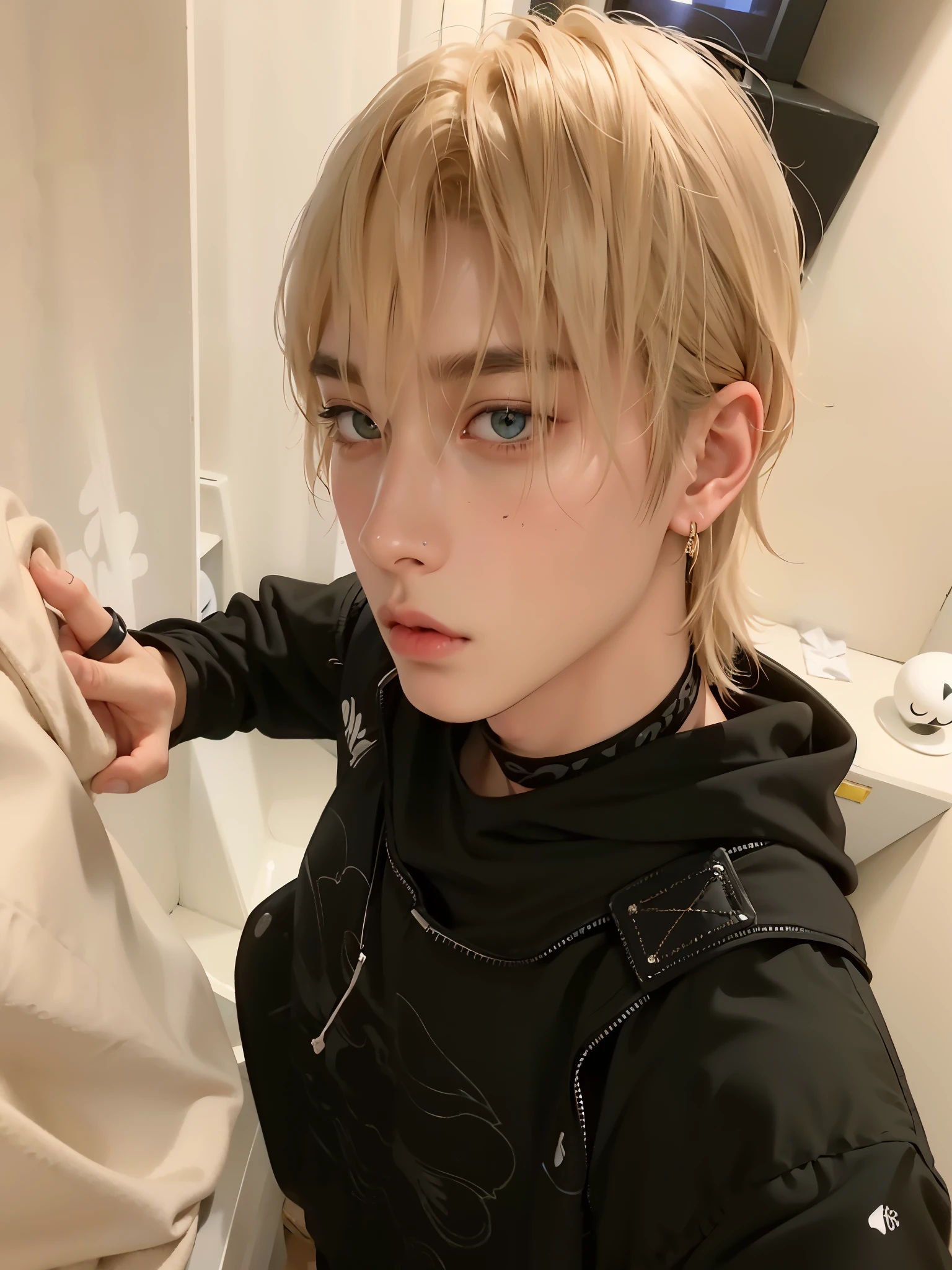 An arafed boy with blonde hair and a black shirt is pointing at something., cai xukun, jossi de blackpink, portrait of jossi de blackpink, hyung tae, kim doyoung, Con pelo corto, sol yunjoo, kanliu666, Jinyoung Shin, hong junio hyung, el corte de hime, pintar ulzzang, cara perfecta, doll face, realista, tae bts, hermoso rostro, mirada perfecta, borrar mano