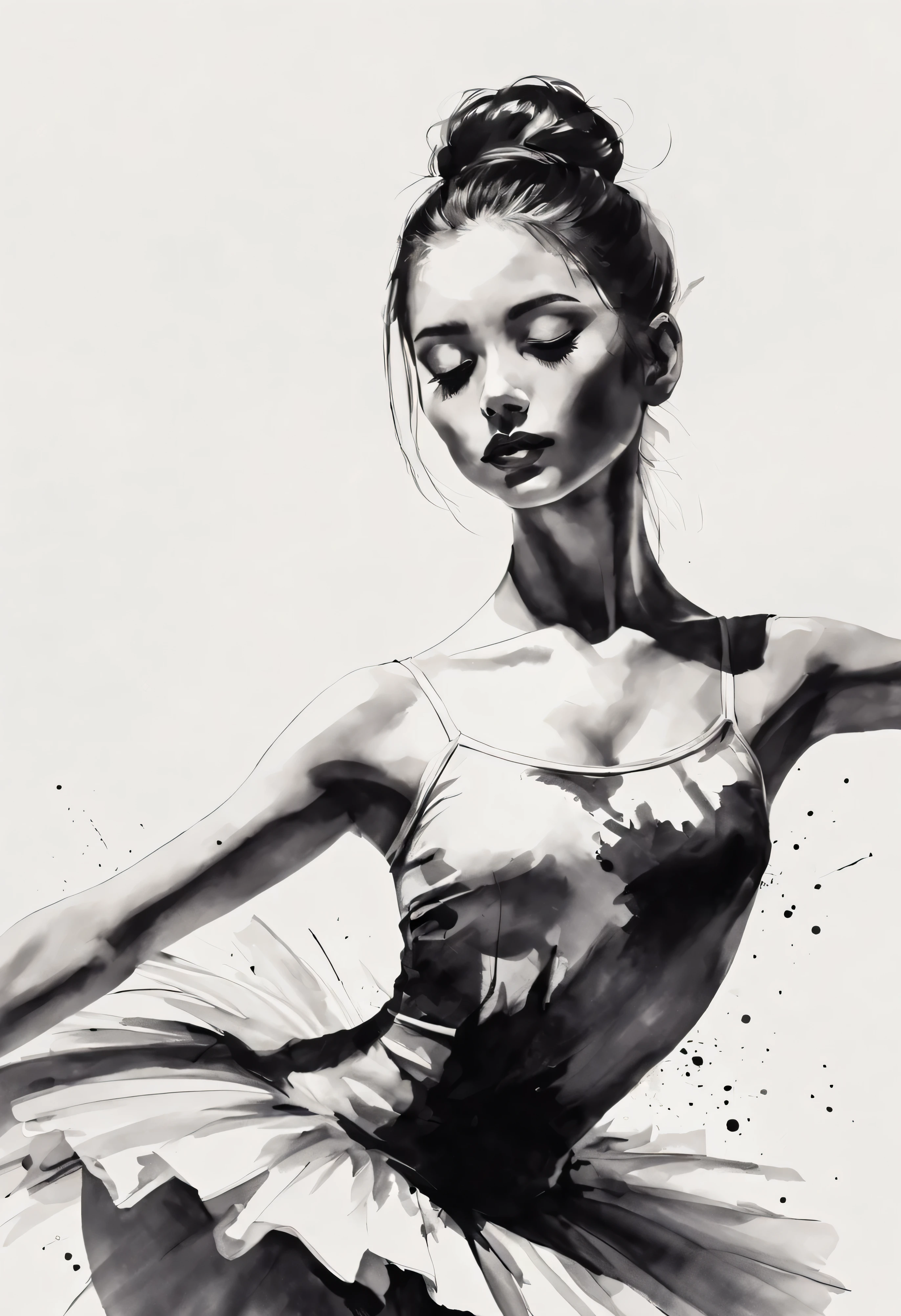 (best quality, high resolution, masterpiece:1.2), Super detailed, actual:1.37, black ink sketch, smooth lines, Expressive facial expressions and gestures, simple background, Emphasis on light, shadow and spatial perception, Abundant negative space, young girl.