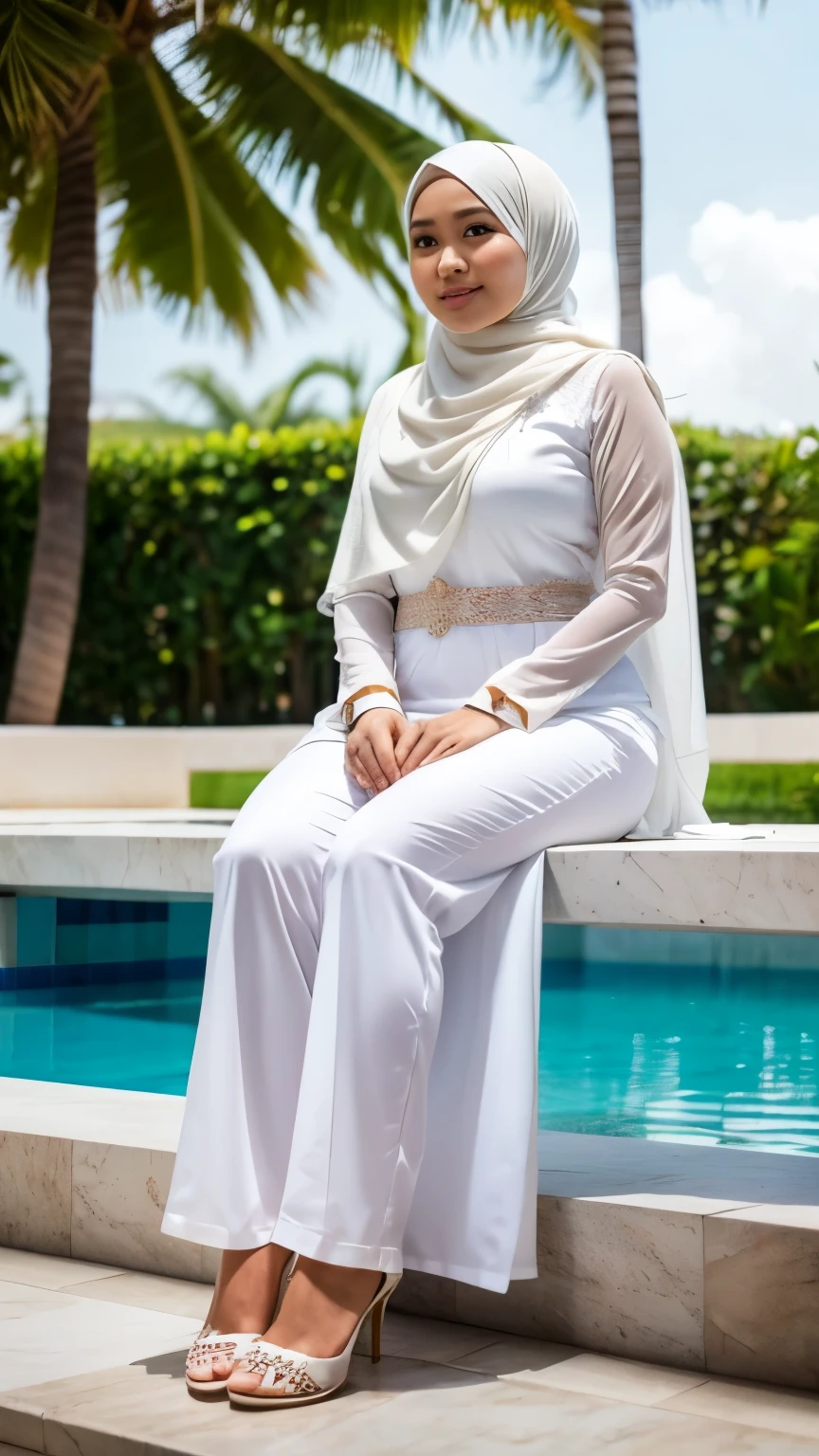 Indonesian girl,((35 years old)), plump, wearing a white hijab, Masterpiece: 1.3, wearing pearl white gamis, tight white trousers, heels, Masterpiece, Soft smile, sitting by the pool villa