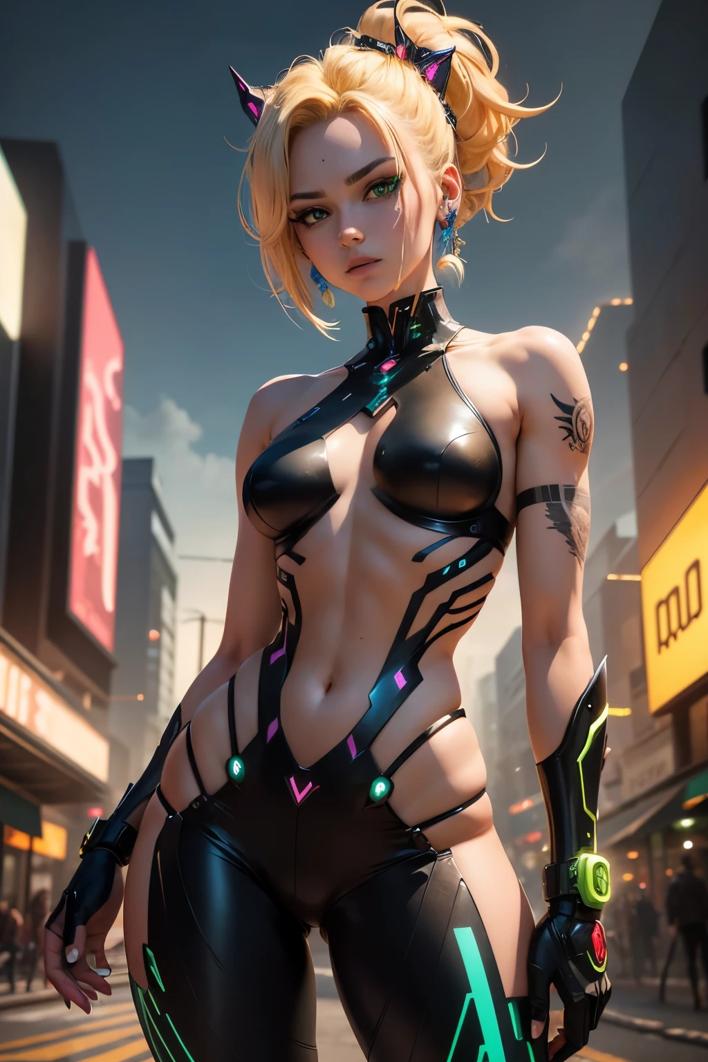 Prompt 1 (better quality, masterpiece, colorful, dynamic angle, more detailed):
Imagine a captivating upper body photograph of a cyber punk character. With vibrant neon colors, every detail of the intricately designed mecha is brought to life, from its jagged metal edges to the glowing circuitry. The character's green eyes gleam with intelligence and mischief, framed by long, blonde hair adorned with a unique hair ornament. Their short, pomaded hair is swept back, revealing a slim, toned upper body. The dynamic pose showcases an elaborate tattoo on their arm, as the moonlight passes through their hair, creating an otherworldly