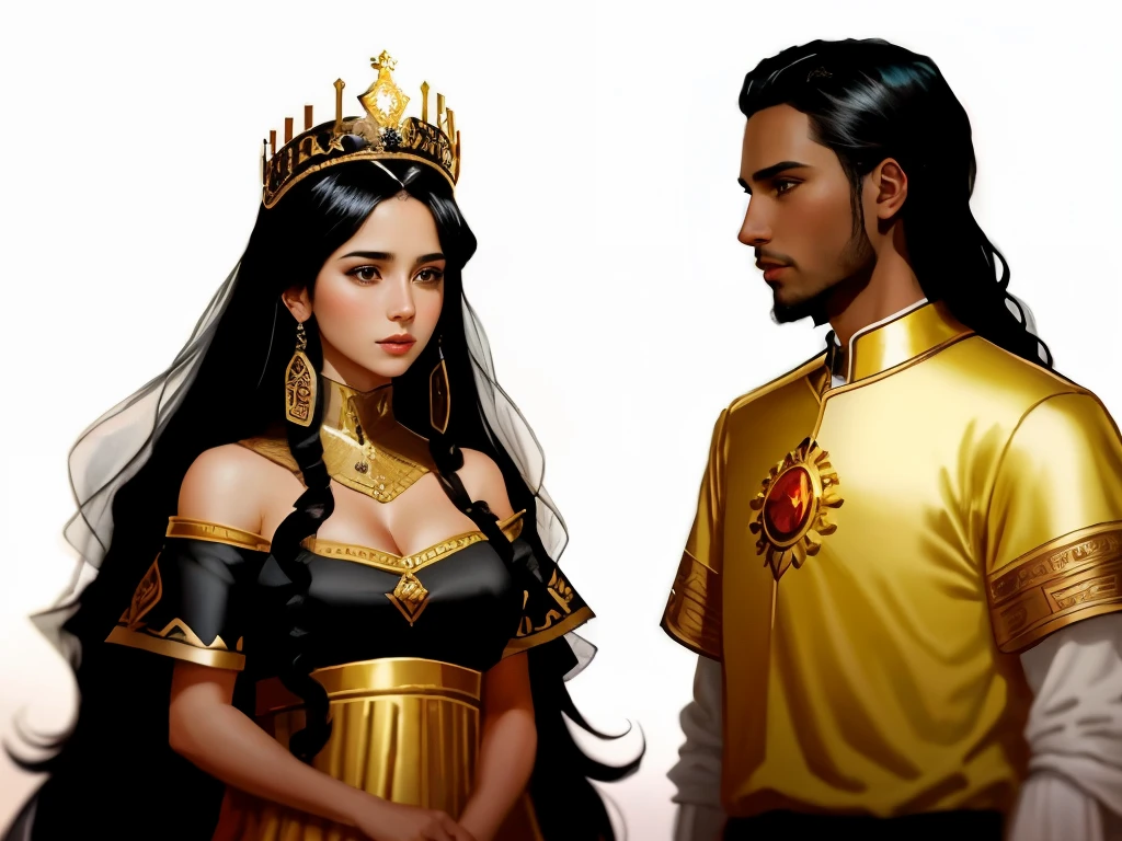 there's a young woman, black hair with a crown on her head and royal attire. There is a servant by your side. biblical costumes, biblical style, biblical setting. Estilo comics.