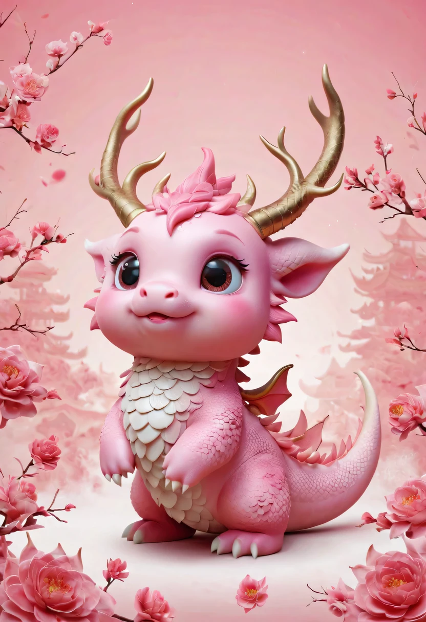 Q version,Cute little dragon,Chinese style,pink space,festive atmosphere,Spring Festival,Lovely antlers,Chinese elements,cartoon,cute pet,Lively