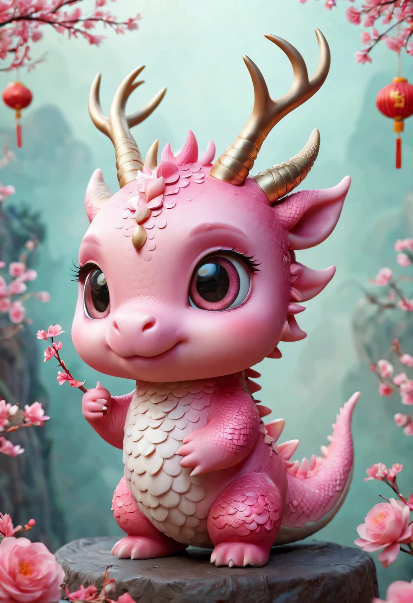 Q version,Cute little dragon,Chinese style,pink space,festive atmosphere,Spring Festival,Lovely antlers,Chinese elements,cartoon,cute pet,Lively