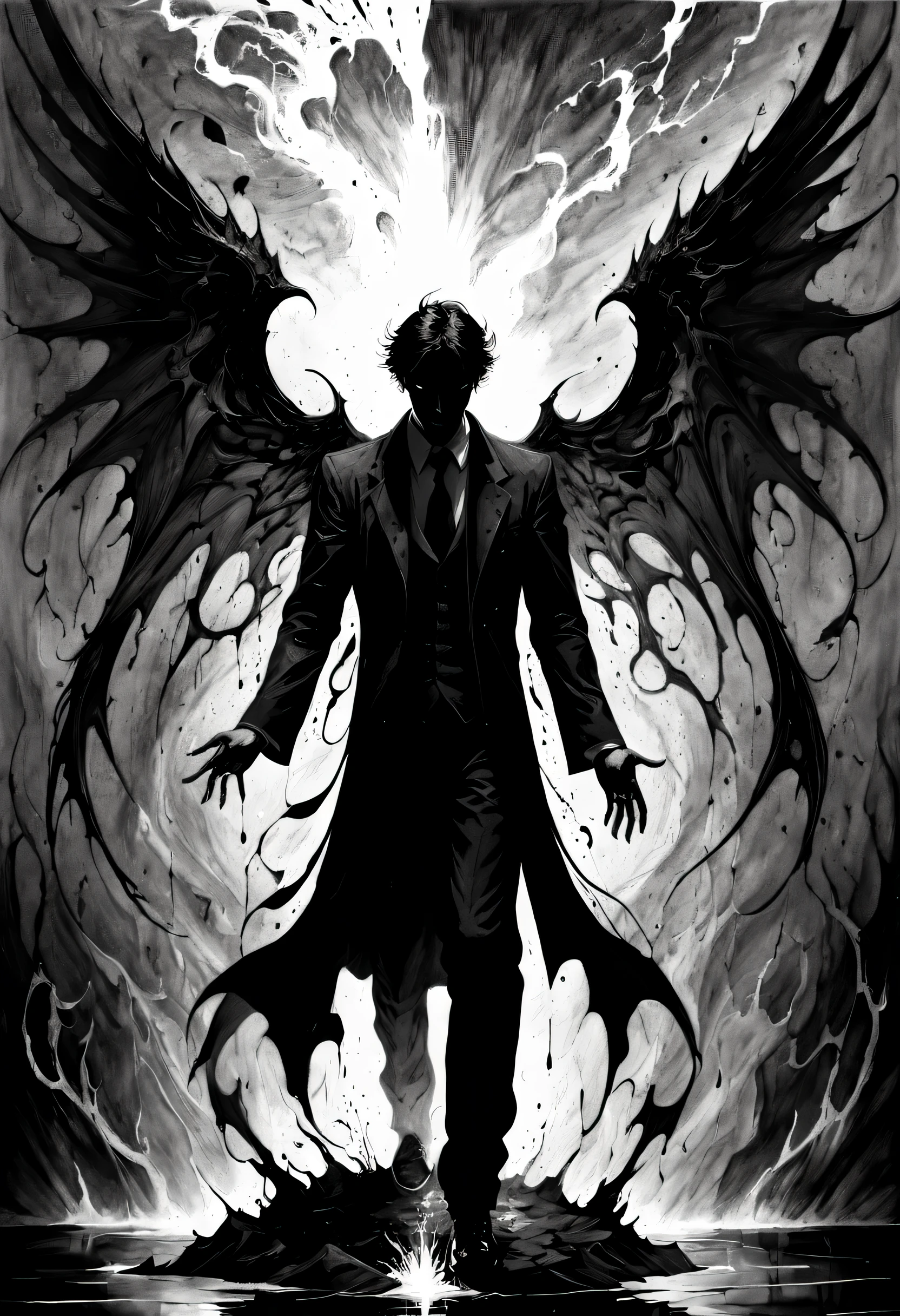 Ink style drawing, black ink style, thin ink lines, In the shattered depths of the Abstract & Conceptual realm of despair, Lucifer emerges from shimmering pool of brimstone tears, the shadows of torment surrounding him, convening a palette of unending pain. His wings crushed by the weight of endless sorrow, the void BEHIND him a constant reminder of what lay beyond his grasp
