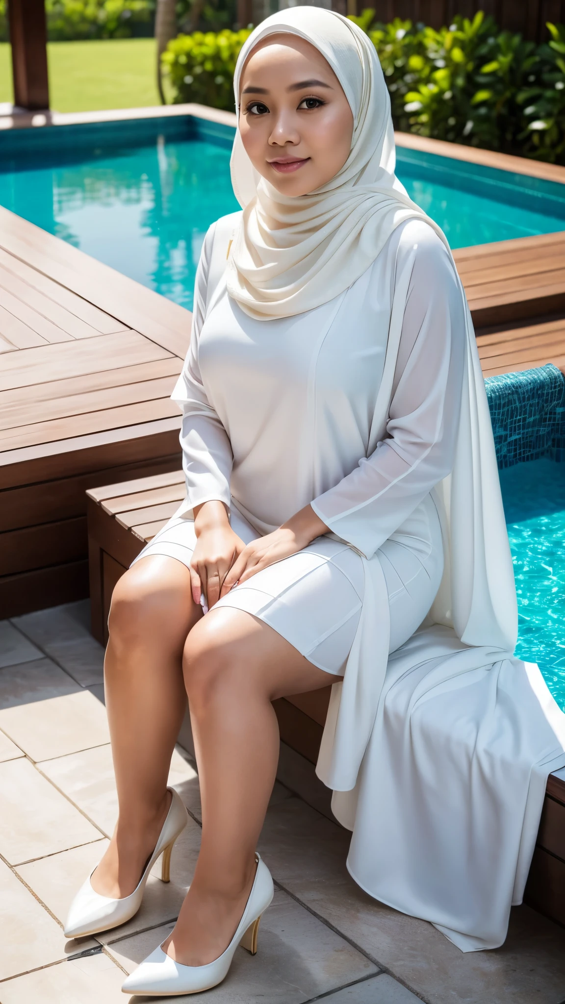 thick arab woman wearing a burkini in the bool