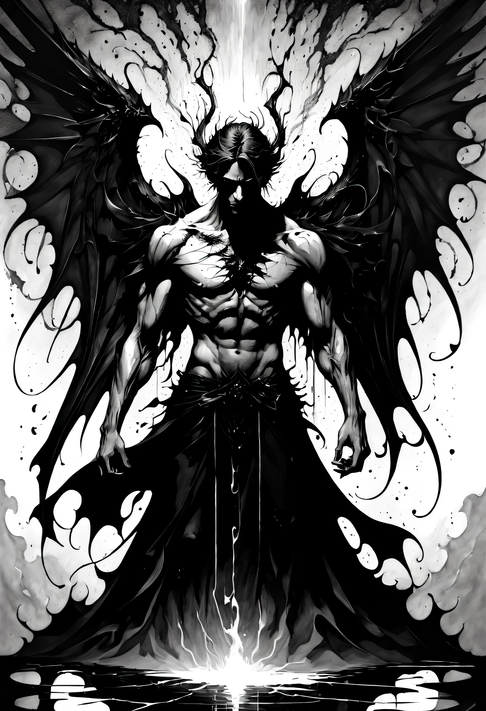 Ink style drawing, black ink style, thin ink lines, In the shattered depths of the Abstract & Conceptual realm of despair, Lucifer emerges from shimmering pool of brimstone tears, the shadows of torment surrounding him, convening a palette of unending pain. His wings crushed by the weight of endless sorrow, the void BEHIND him a constant reminder of what lay beyond his grasp