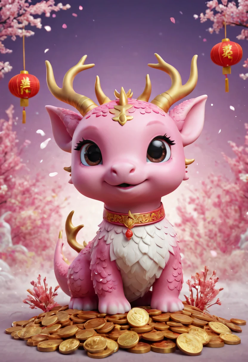 Q version,Cute little dragon,Chinese style,pink space,festive atmosphere,Spring Festival,gold coins,Chinese elements,cartoon,cute pet,Lively,fireworks,Lovely antlers,