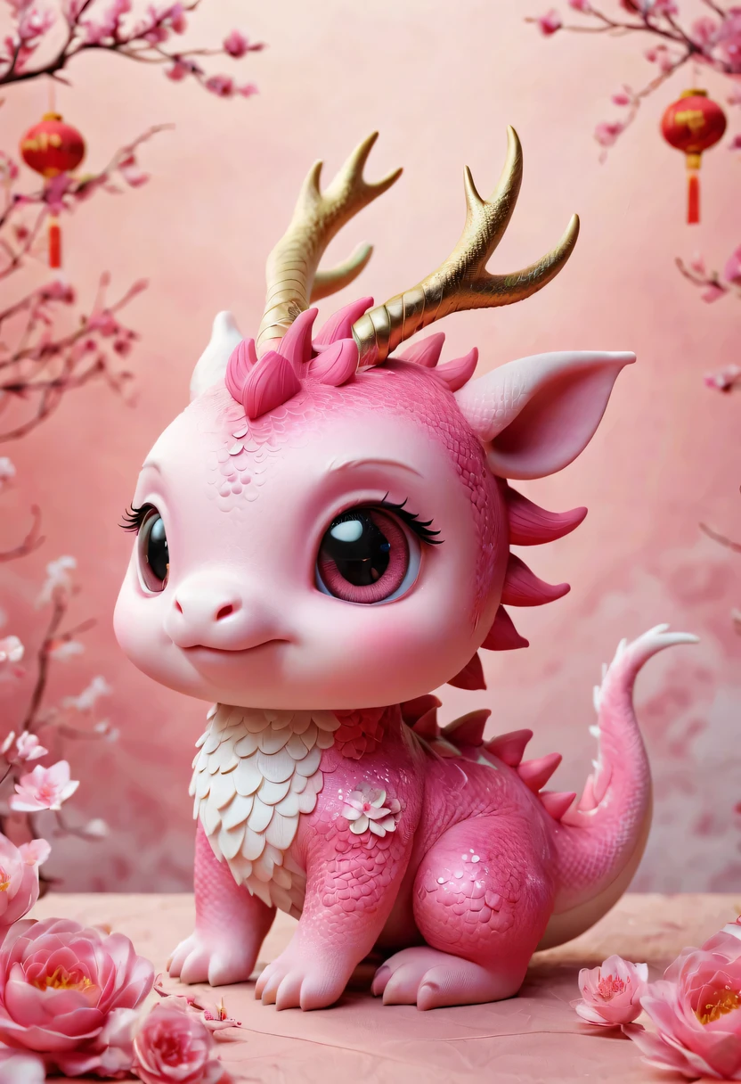 Q version，Cute little dragon，Chinese style，pink space，festive atmosphere，Spring Festival，Lovely antlers，Chinese elements，cartoon，cute pet，Lively