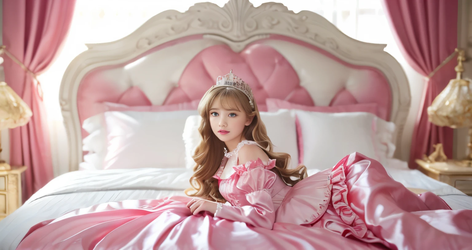 ,highest quality, masterpiece, highest resolution, artwork, super それにget used to it, many get used to it, get used to it, それにget used to it, 3K realistic photos,,(( When I was 10 years old)),Super detailed baby face,She is a princess,Full length ball gown dress with hoop skirt,ruffle yoke collar,puff sleeves,long sleeve,((Lolita style hot pink detailed princess satin dress、Comes with lots of frills and ribbons。)),colorful rococo fashion,shiny satin dress,Soft and smooth fabric,luxury,long blonde hair,blue eyes,white skin european,pajamas,((inside the palace)),,,(( When I was 10 years old)),Super detailed baby face,Full length ball gown dress with hoop skirt,long skirt,ruffle yoke collar,puff sleeves,腰まで伸びるlong blonde hair,blue eyes,white skin european,pajamas,((inside the palace bedroom)),ピンクのシルクサテンのluxuryなcanopy bedの上,canopy bed,Luxurious curtains on both sides of the bed,many frilly pillows on the bed,super detailed background,Detailed bed,romantic atmosphere,little princess is lying on the bed,Read picture books,the dress is spread across the bed,soft pink silk satin comforter,Beautiful girl illustration,detailed beautiful face detailed hair,detailed human eye ,detailed mouth, arm details,detailed hand,detailed picture book