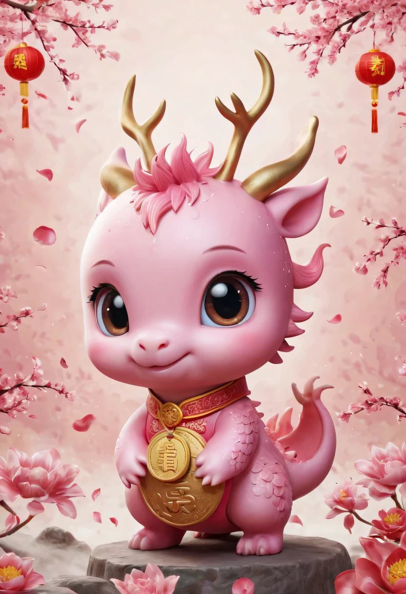 Q version，Cute little dragon，Chinese style，pink space，festive atmosphere，Spring Festival，gold coins，Chinese elements，cartoon，cute pet，Lively，fireworks，Lovely antlers，