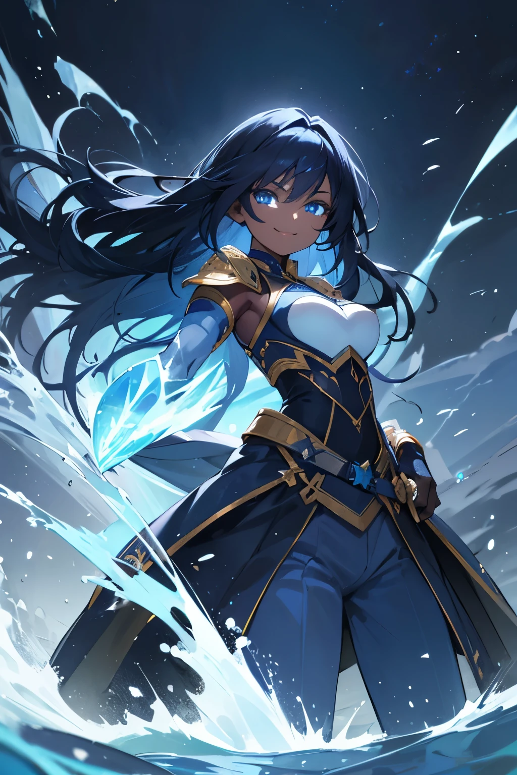 dark skin, long dark blue hair, blue eyes, smile, beautiful, combat outfit, mole on face, water magic
