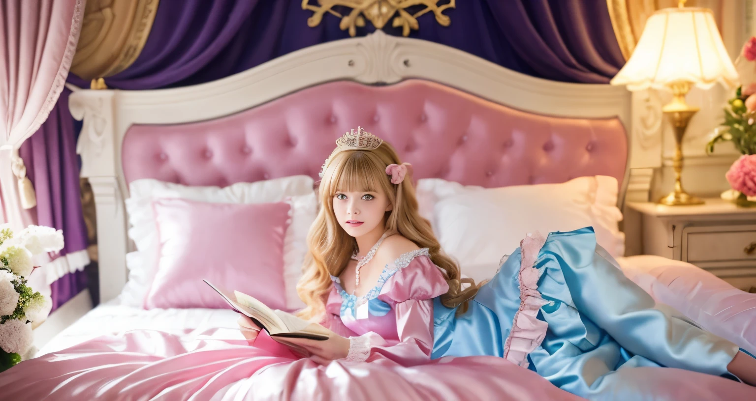 ,highest quality, masterpiece, highest resolution, artwork, super それにget used to it, many get used to it, get used to it, それにget used to it, 3K realistic photos,,(( When I was 10 years old)),Super detailed baby face,She is a princess,Full length ball gown dress with hoop skirt,ruffle yoke collar,puff sleeves,long sleeve,((Lolita style hot pink detailed princess satin dress、Comes with lots of frills and ribbons。)),colorful rococo fashion,shiny satin dress,Soft and smooth fabric,luxury,long blonde hair,blue eyes,white skin european,pajamas,((inside the palace)),,,(( When I was 10 years old)),Super detailed baby face,Full length ball gown dress with hoop skirt,long skirt,ruffle yoke collar,puff sleeves,腰まで伸びるlong blonde hair,blue eyes,white skin european,pajamas,((inside the palace bedroom)),ピンクのシルクサテンのluxuryなcanopy bedの上,canopy bed,Luxurious curtains on both sides of the bed,many frilly pillows on the bed,super detailed background,Detailed bed,romantic atmosphere,little princess is lying on the bed,Read picture books,the dress is spread across the bed,soft pink silk satin comforter,Beautiful girl illustration,detailed beautiful face detailed hair,detailed human eye ,detailed mouth, arm details,detailed hand,detailed picture book