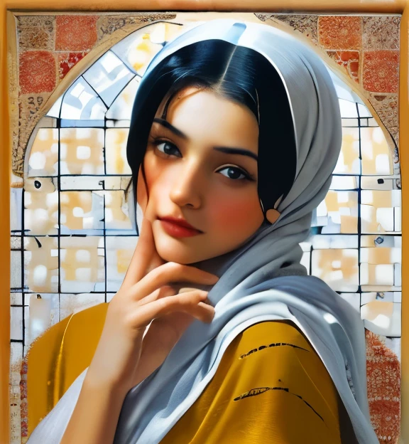 Old Arabic tiling, painting of a girl on a tile, old, Arabic, ceramic, real, very real, close-up, a tile, carpet painting, Arabian calligraphy, Arabian, beautiful, miniature, painting. hand on her chin, thinking. Blue Dress. Blue Eyes, Pink cheeks.