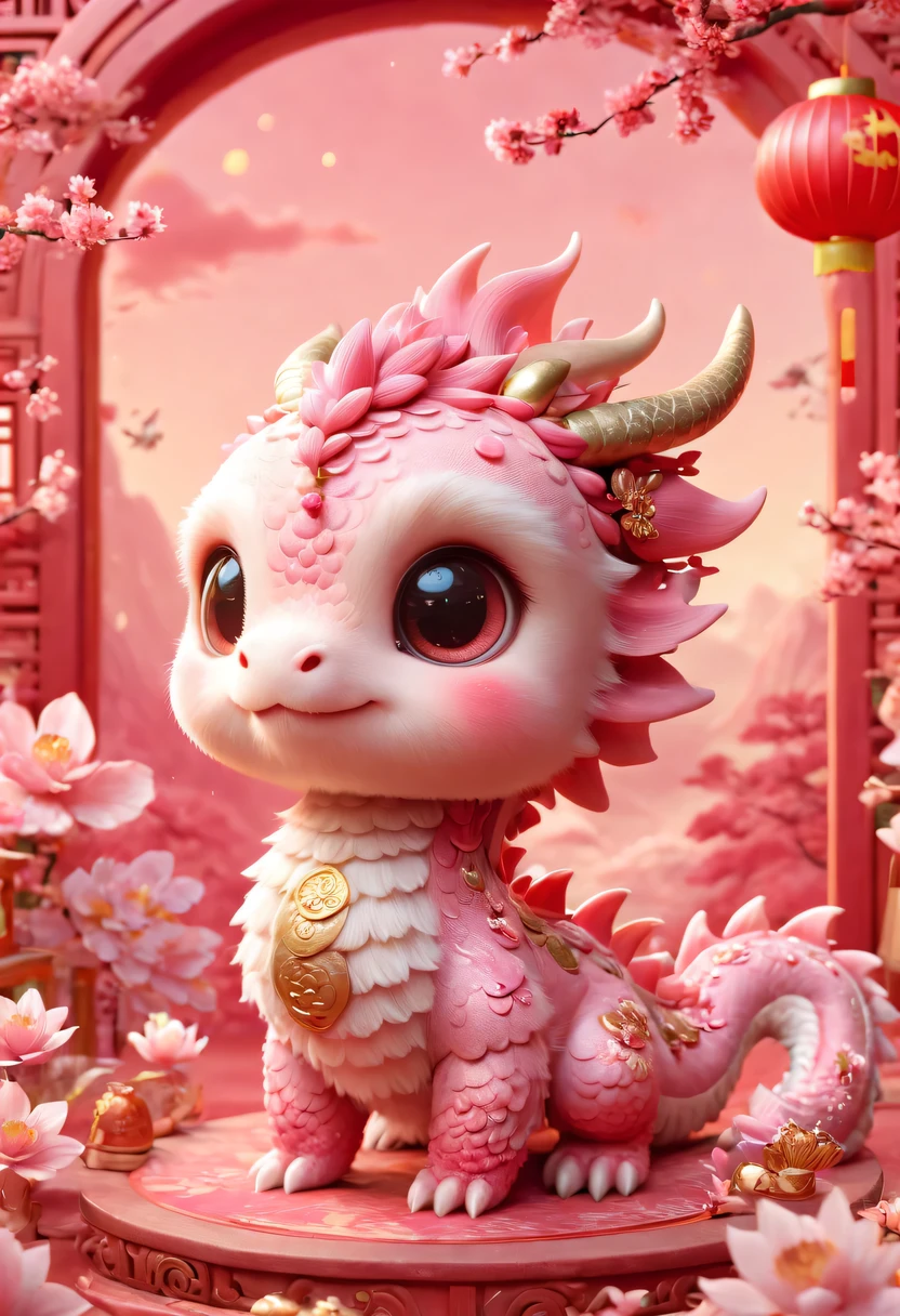 Q version，Cute little dragon，Chinese style，pink space，festive atmosphere，Spring Festival，Lovely antlers，Chinese elements，cartoon，cute pet，Lively