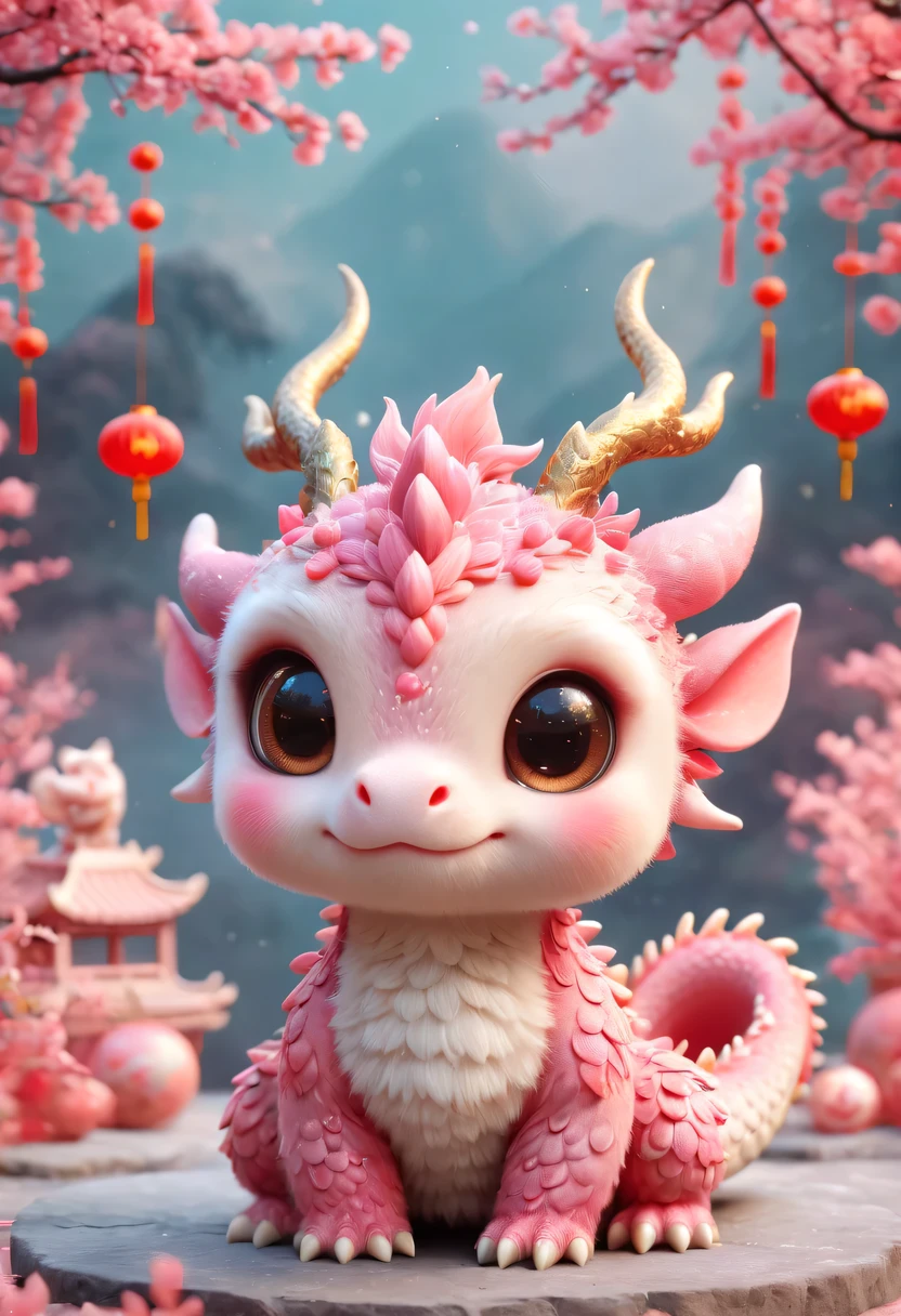 Q version，Cute little dragon，Chinese style，pink space，festive atmosphere，Spring Festival，Lovely antlers，Chinese elements，cartoon，cute pet，Lively