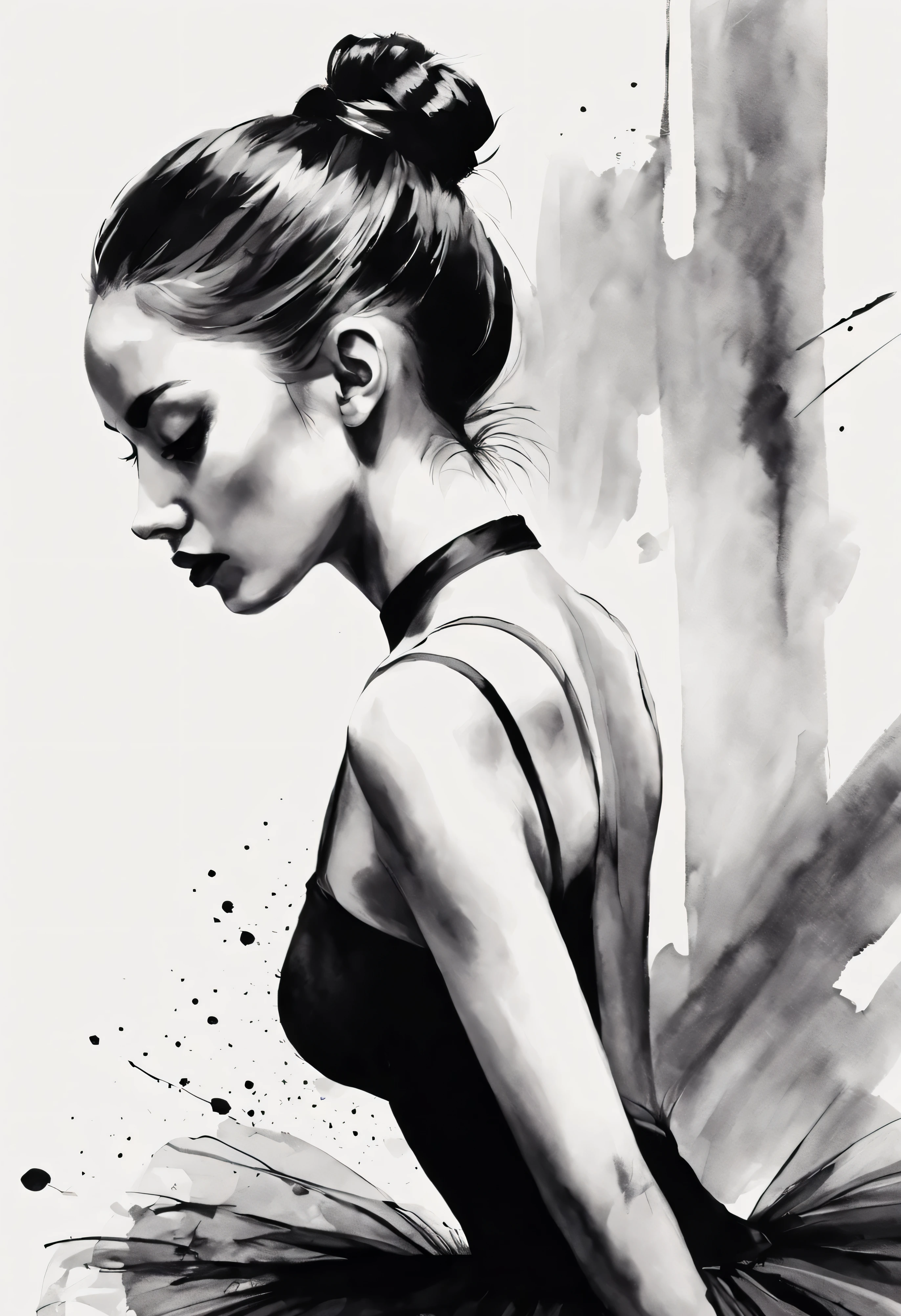 The expression and posture of the ballet dancer are shown through the contrast of ink..Simple black and white background.super detailed.woman in ballet position wearing ballet shoes.Black and white ink painting style,sexy painting, Beautiful and elegant face.Mysterious and elegant..Showing the fair and beautiful nape of the neck.Outline with black ink,Ink splash effect、smooth lines,Displays characters' Express expressions and postures through ink contrast,The background is simple,emphasize light, shadow and space。(best quality,4K,8k,high resolution,masterpiece:1.2),