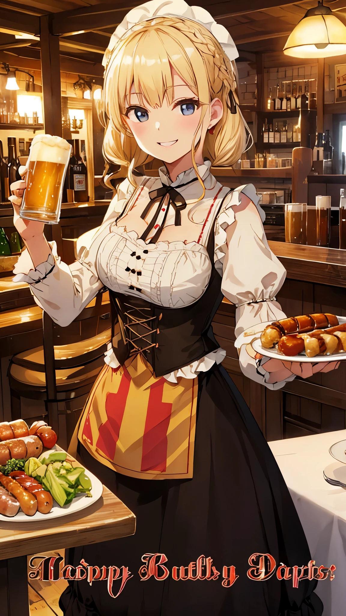 medium breasts, nsfw, masterpiece, 1 girl, erect nipples, intricately detailed, topless, pubs, table, crowd, navel, bare shoulders, necklace, pretzel, tavern, inn, pub, crowd, maid skirt, waist apron, blonde hair, smiling, extremely detailed, photorealistic, octane render, 8 k, unreal engine., bare breasts, nipples, purole eyes, beer, bare stomach, sweaty, people on background, oktoberfest, smiling, child, drindl