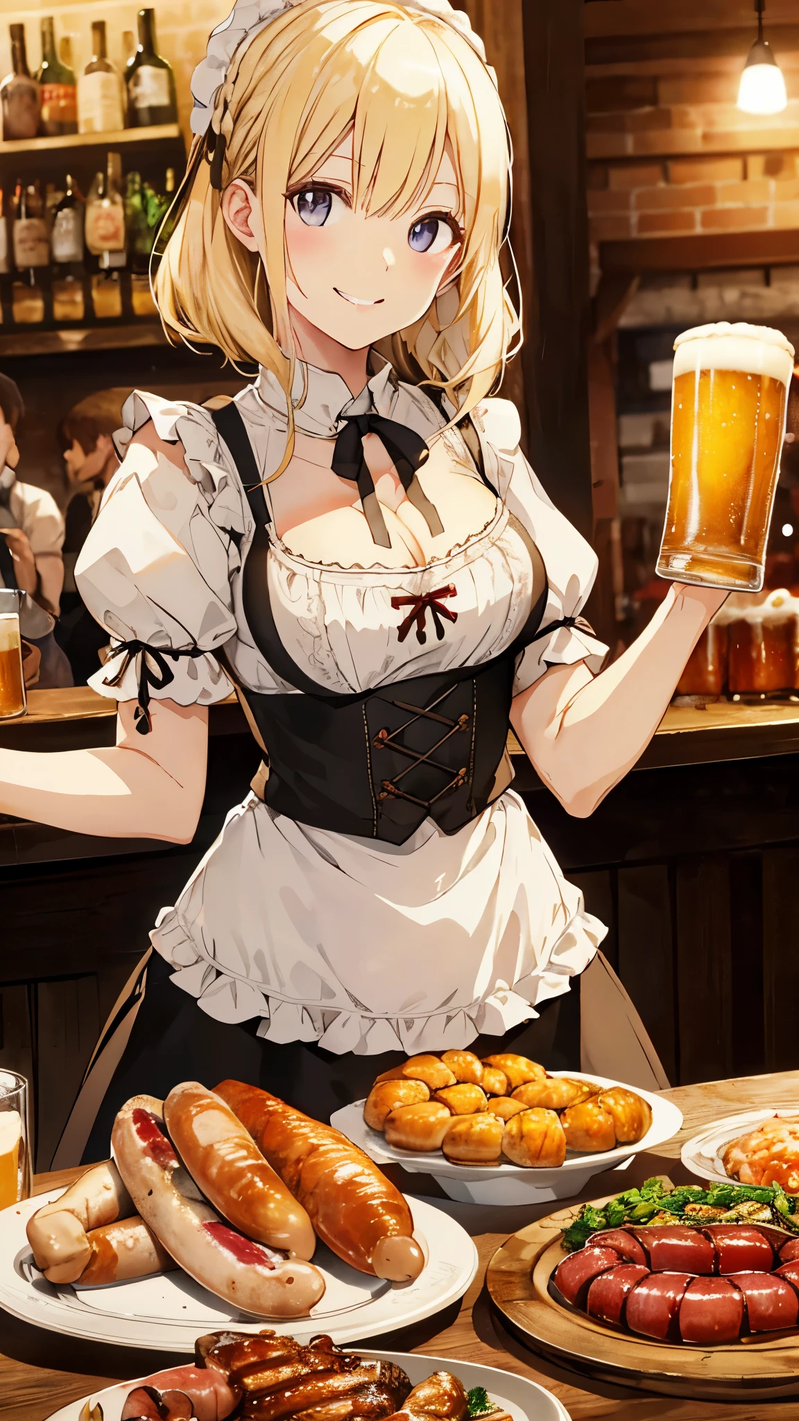 German national costume dirndl is coming(Puff sleeve blouse and dress set)、white woman、blonde hair、smile、happy look、There are grilled sausages and beer on the table、european pub background