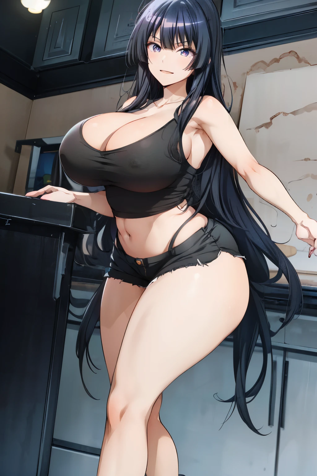 (masterpiece), expressive eyes, best quality,perfect face
8k, best quality, real picture, intricate details, ultra-detailed, ultra highres, depth field,fully body,sexy,(photorealistic,realistic:1.2),masterpiece, straight-on shot, dutch angle, 1girl, an extremely beautiful , innocent big eyes, (Black _LONG_hair), (Brown_eyes:1.0),(wavy hair,(Bangs),long hair, perfect shiny skin, flawless skin, fair skin, huge breasts, cleavage, narrow waist, light blush, solo, looking at viewer, evil smile, chubby under clothes, sweat, wearing ((Black Tank Top)), Sleeveless,Black_Vest_top,((Black Shorts)), (gravure pose :1.1), sunset, classroom ,(seductive smile, jagged expression, evil expression)),(Beautiful,huge_Breasts:1.4), (beautiful face:1.5),(narrow waist),(huge ass :1.4),(slender body:1.2),cleavage, midriff,navel,Large Aerolae,perky breasts,(detailed black tank top),expressive eyes,perfect eyes, (beautiful eyes), (dazzling pupils), (amazing irises), (perfect eyes), perfect anatomy ,no mistakes,1girl, covered nipples, plump,standing, slim legs, unaligned breasts,slim legs,glossy hair, glossy skin, glossy eyes, detailed hair,photo of perfecteyes eyes,wearing tight black tanktop with black hotpants,tareme-eyes,very_long_hair,Detailedface,wearing tight black tanktop with black hotpants,