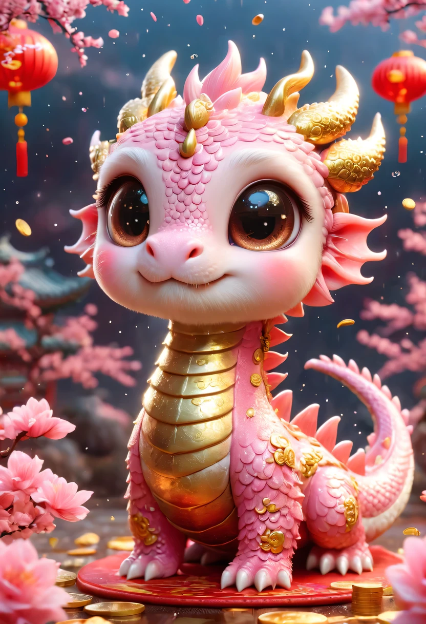 Q version，Cute little dragon，Chinese style，pink space，festive atmosphere，Spring Festival，Gold coin rain，Chinese elements，cartoon，cute pet，Lively