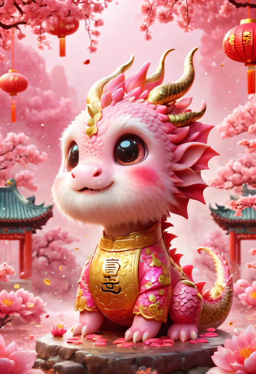 Q version，Cute little dragon，Chinese style，pink space，festive atmosphere，Spring Festival，Gold coin rain，Chinese elements，cartoon，cute pet，Lively