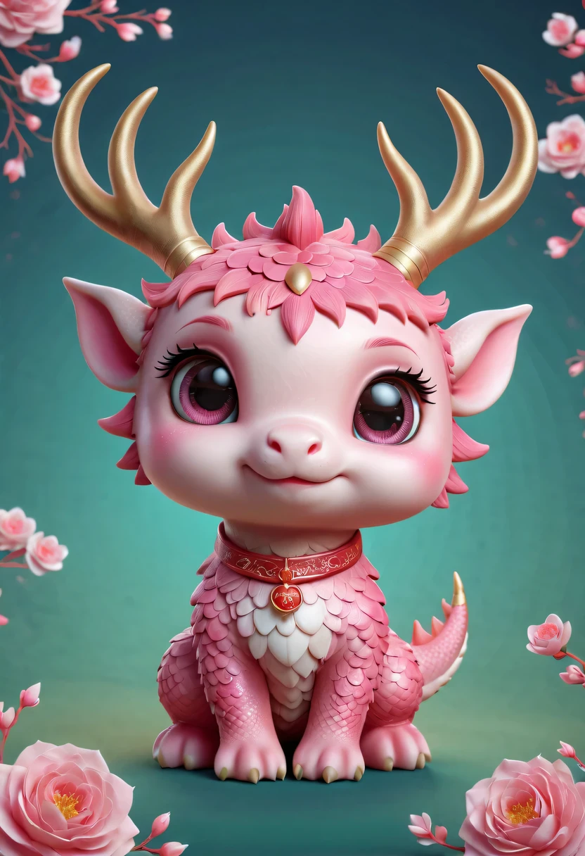 Q version，Cute little dragon，Chinese style，pink space，festive atmosphere，Spring Festival，Lovely antlers，Chinese elements，cartoon，cute pet，Lively
