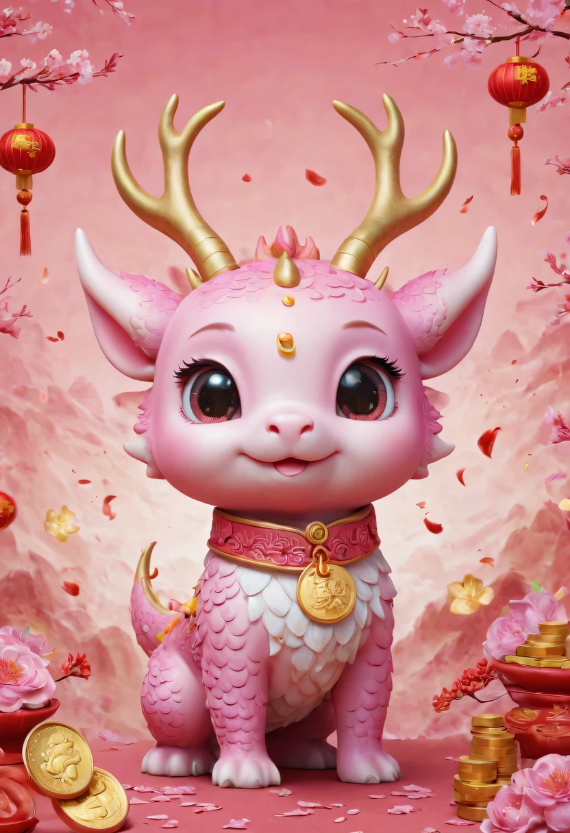 Q version，Cute little dragon，Chinese style，pink space，festive atmosphere，Spring Festival，gold coins，Chinese elements，cartoon，cute pet，Lively，fireworks，Lovely antlers，