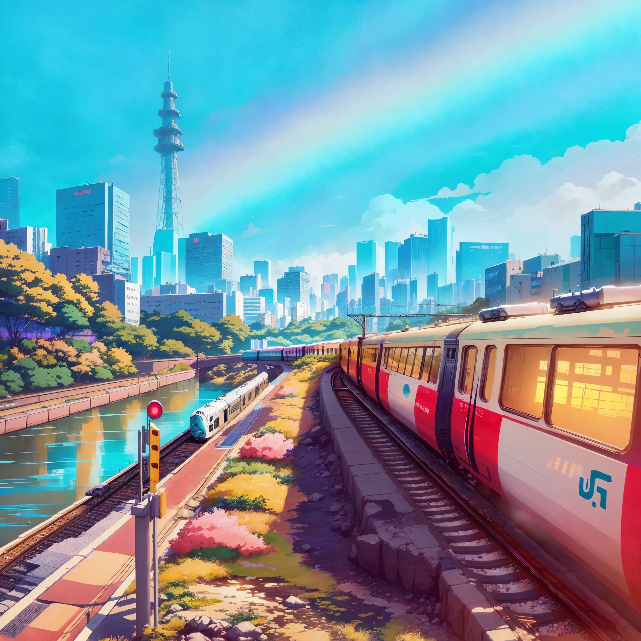 there is a train that is traveling down the tracks near a river, tokyo anime scene, 4k highly detailed digital art, anime art wallpaper 4 k, anime art wallpaper 4k, beautiful art uhd 4 k, anime style cityscape, 4k detailed digital art, makoto shinkai cyril rolando, anime art wallpaper 8 k, beautiful digital artwork