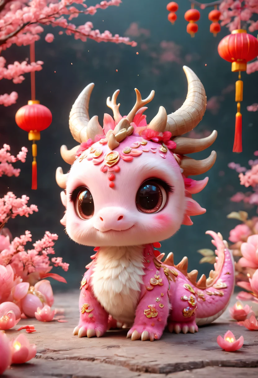 Q version，Cute little dragon，Chinese style，pink space，festive atmosphere，Spring Festival，Lovely antlers，Chinese elements，cartoon，cute pet，Lively