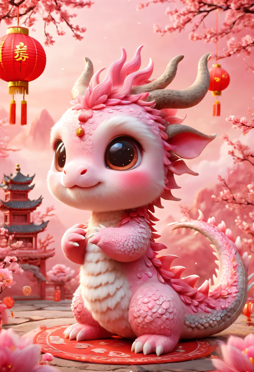 Q version，Cute little dragon，Chinese style，pink space，festive atmosphere，Spring Festival，Lovely antlers，Chinese elements，cartoon，cute pet，Lively