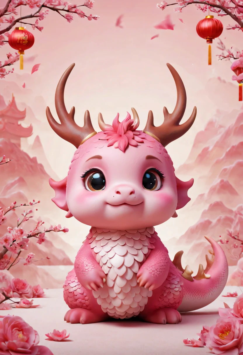 Q version,Cute little dragon,Chinese style,pink space,festive atmosphere,Spring Festival,Lovely antlers,Chinese elements,cartoon,cute pet,Lively