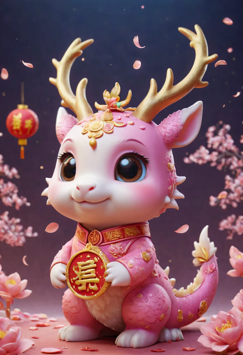 Q version，Cute little dragon，Chinese style，pink space，festive atmosphere，Spring Festival，gold coins，Chinese elements，cartoon，cute pet，Lively，fireworks，Lovely antlers，