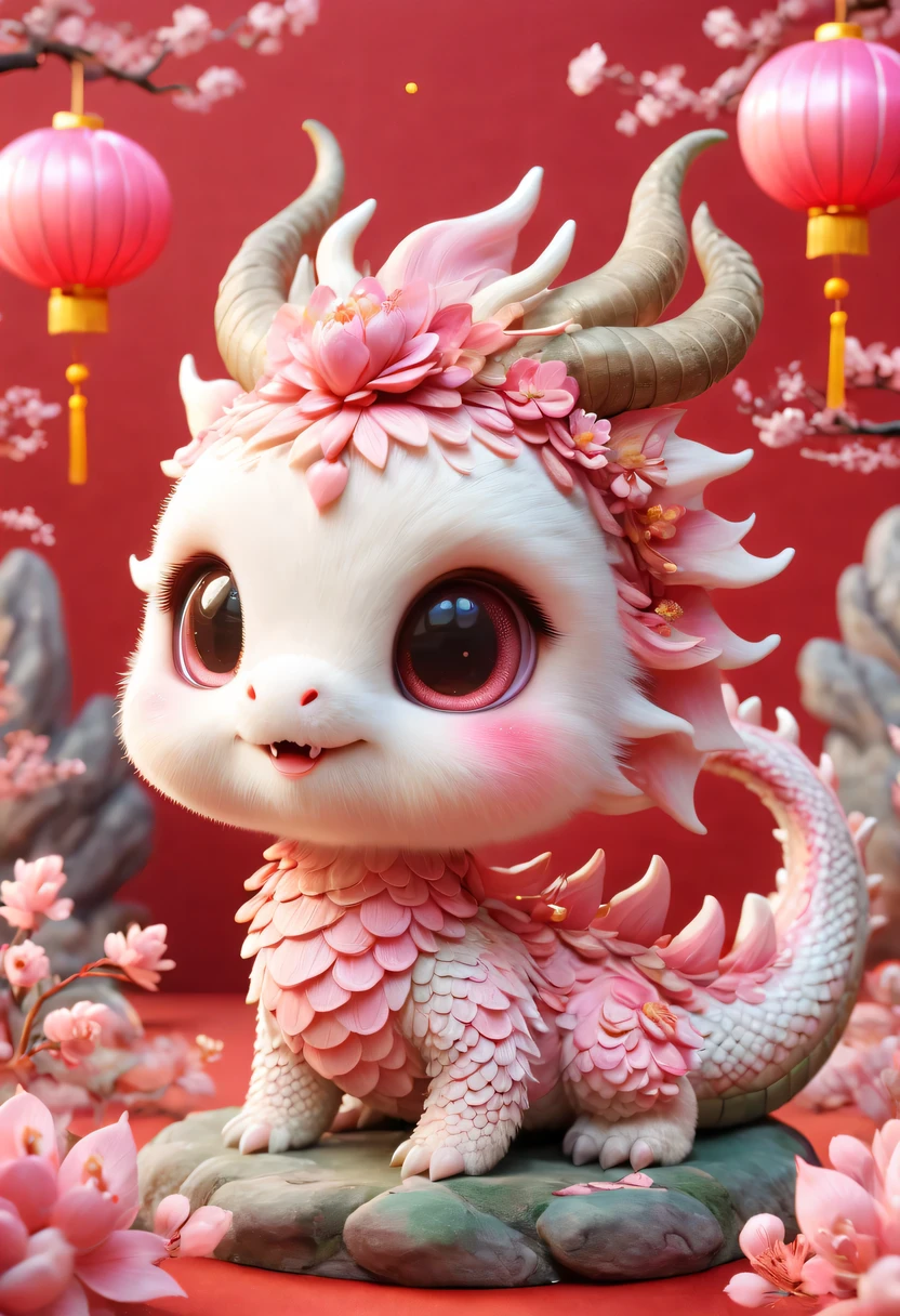 Q version，Cute little dragon，Chinese style，pink space，festive atmosphere，Spring Festival，Lovely antlers，Chinese elements，cartoon，cute pet，Lively