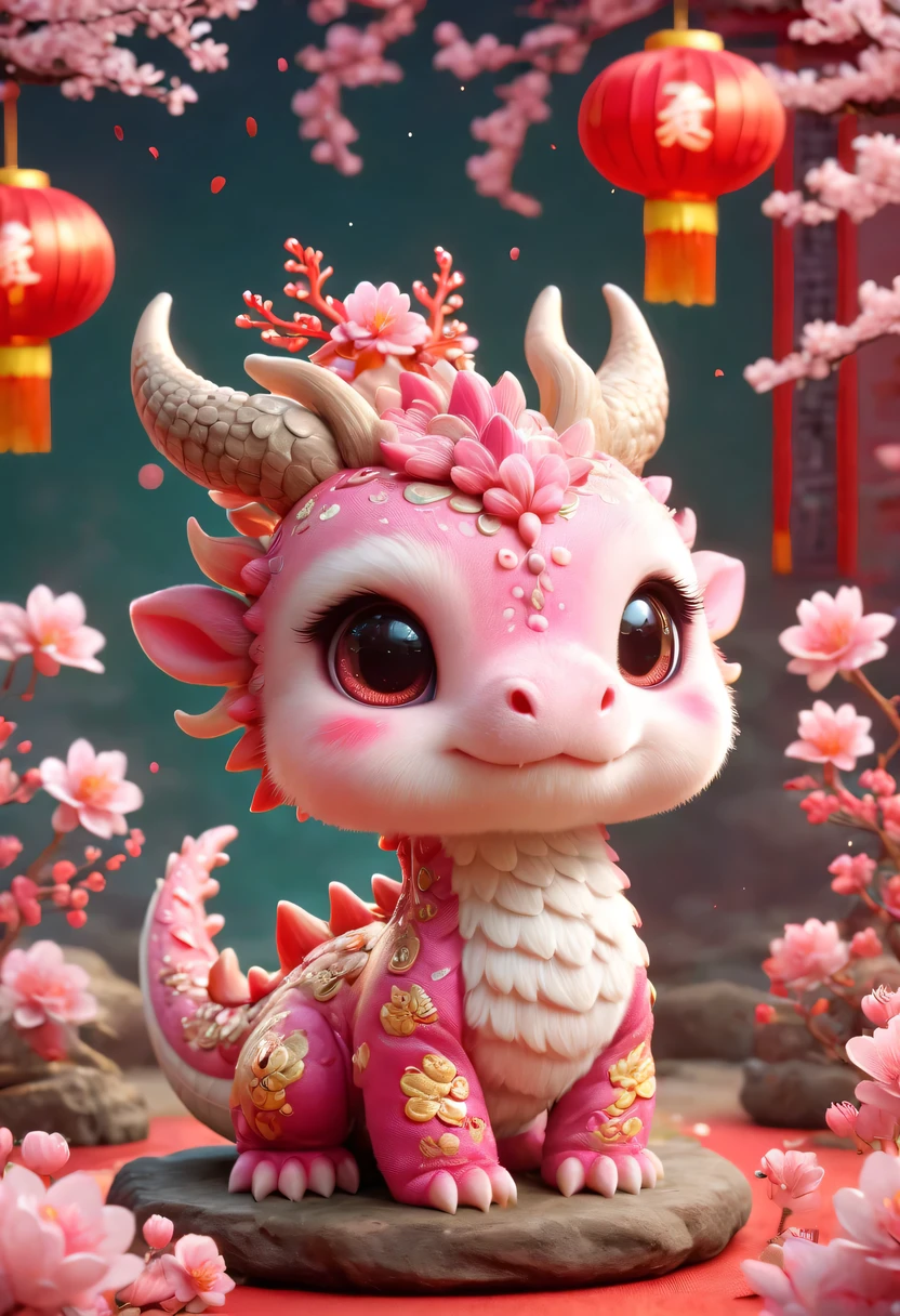 Q version,Cute little dragon,Chinese style,pink space,festive atmosphere,Spring Festival,Lovely antlers,Chinese elements,cartoon,cute pet,Lively