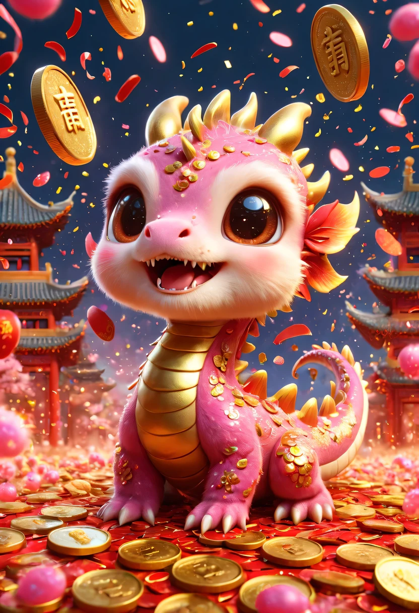 Q version，Cute little dragon，Chinese style，pink space，festive atmosphere，Spring Festival，Silly dragon，Chinese elements，cartoon，cute pet，Lively,Many gold coins burst out from firecrackers，Red and gold confetti flying in the sky，Gold coin rain，浓浓的festive atmosphere，Very lively。