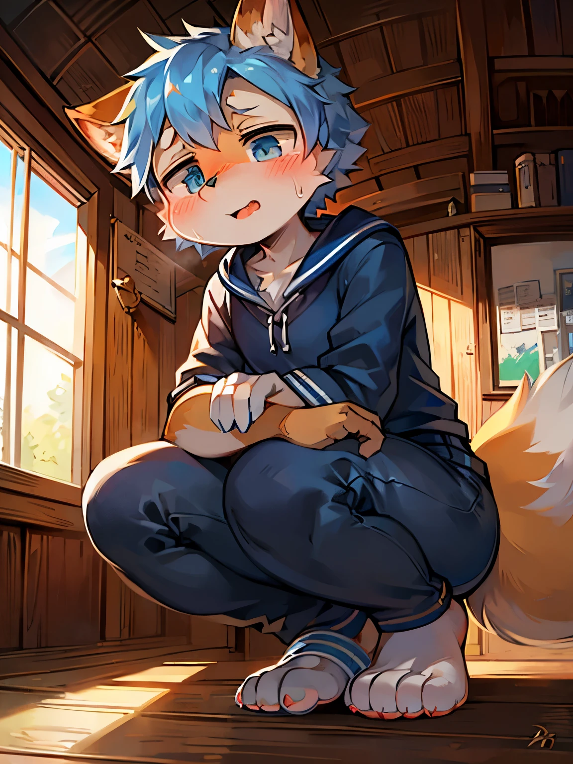 Young fox with blue and white pattern,Look below yourself,blush,thick bushy eyebrows,With a big tail,Smile,In sailor suit,Expose the soles of your feet,The background is inside a wooden house,sitting position。